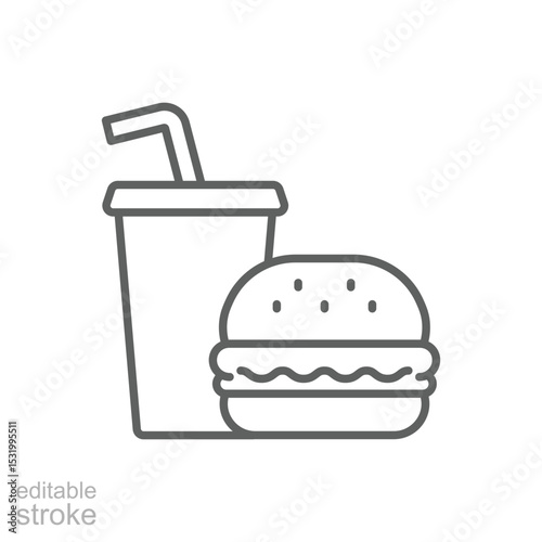 Burger and Drink Icon Outline Style Thin Line Editable Stroke Symbol for Fast Food Restaurant or Takeaway Menu