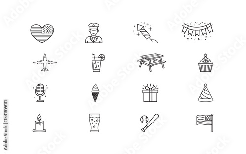 Line-style icons showing symbols of American pride and celebrations such as flags, food, and festivities. Perfect for representing national holidays, celebrations, and patriotic-themed events.

