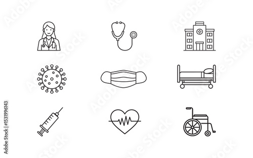 Set of healthcare line art icons depicting medical themes such as doctor, hospital, tools, and patient care. Suitable for illustrating medical concepts in a clean and minimal design style.

