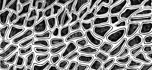 Background is filled with chaotic texture spots of various shapes. The spots are rounded, have linear outline. Filled with strokes. Black and gray color of various shades, white background. Monochrome