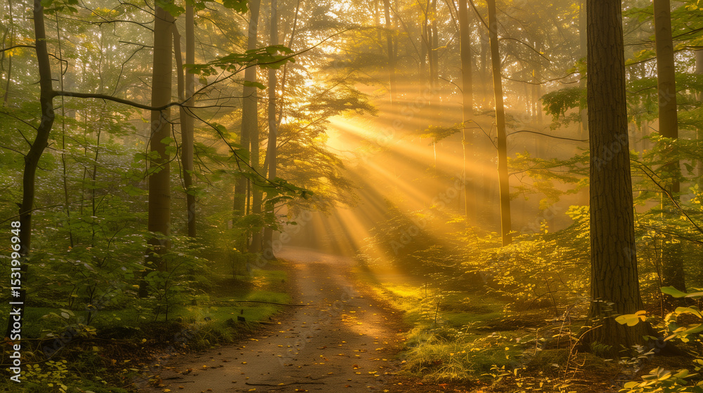 Fototapeta premium Sunlit forest path with golden rays through trees, a serene nature escape ﻿
