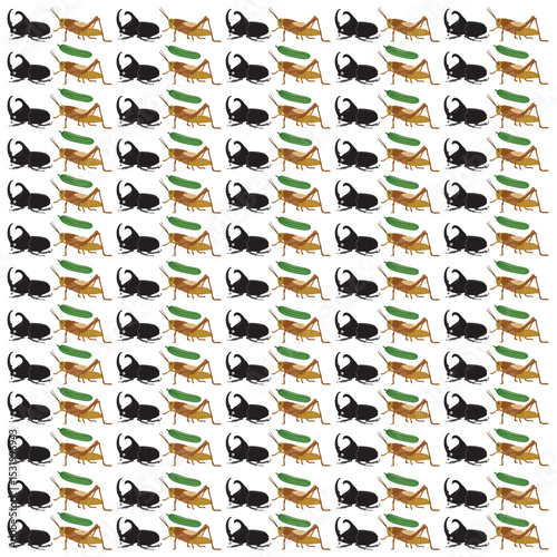 grasshopper hercules beetle with fruit as a pattern background