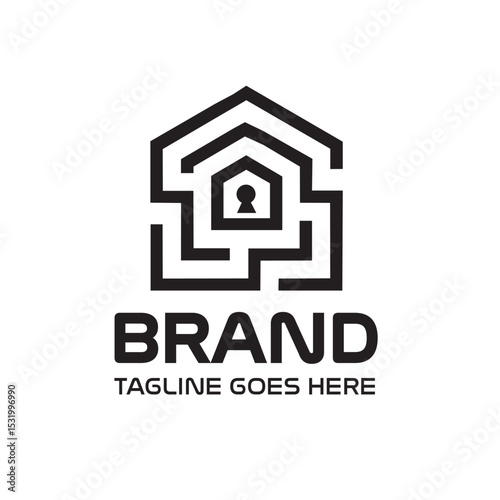 Abstract house logo with keyhole and maze elements for security