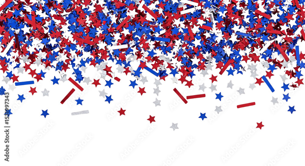 Patriotic red, blue, and white star confetti falling, perfect for 4th of July, Memorial Day, Veterans Day, election campaigns, or national celebration backgrounds. Patriotic red, blue, and white star confetti falling, perfect for 4th of July, Memorial Day, Veterans Day, election campaigns, or national celebration backgrounds.