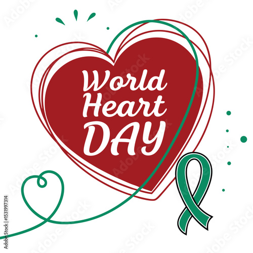 World Heart Day Red Heart Green Ribbon Awareness ribbon
