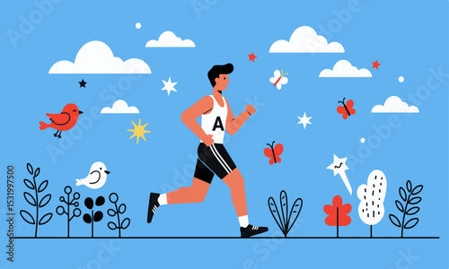 Flat style illustration of a man jogging outdoors in a bright and cheerful environment. The scene includes trees, clouds, sun, and birds with playful leaves in the air. Suitable for fitness, sports, a