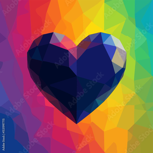 Vibrant Geometric Heart on Rainbow Polygon Background Symbolizing Love and Diversity