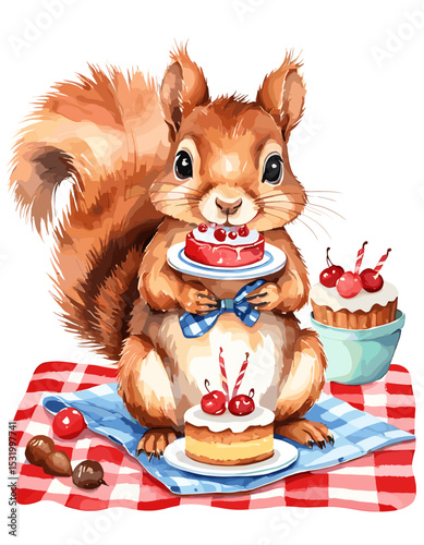 Cute Squirrel Enjoying Delicious Desserts with Cherries on a Picnic Blanket - Whimsical Watercolor Illustration