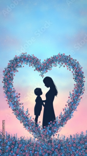 Elegant Mother's Day Printable Greeting Background A heartfelt silhouette of a mother and child framed by a floral heart shape.