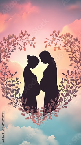 Elegant Mother's Day Printable Greeting Background Two mothers celebrating their pregnancy in a heartwarming silhouette against a colorful sky.