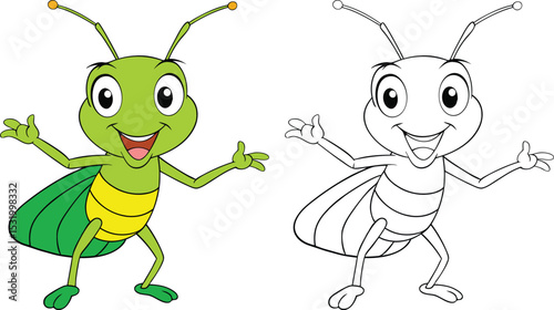 Happy green grasshopper cartoon character with coloring page