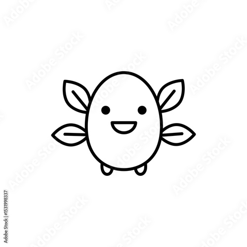 Black Lined Icon of Giggling Oval Monster with Leaf Arms