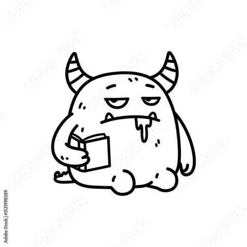 Black Lined Icon of Lazy Monster with Book and Drool