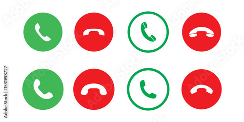 Incoming or outgoing phone call sign symbol isolated. Phone call icon answer, accept and decline call icons buttons red and green color. Flat design. Vector illustration.