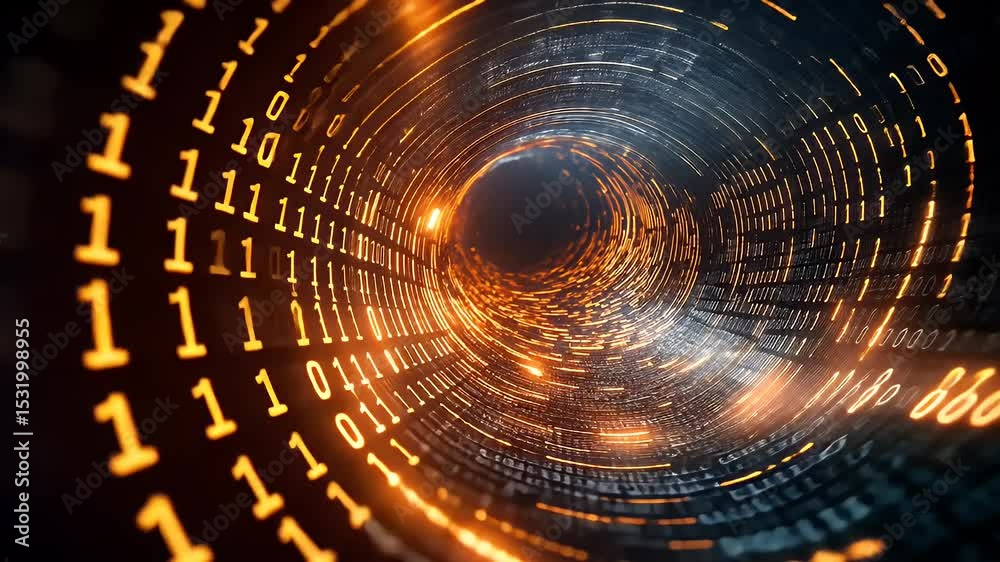 Binary numbers spiral through glowing digital tunnel
