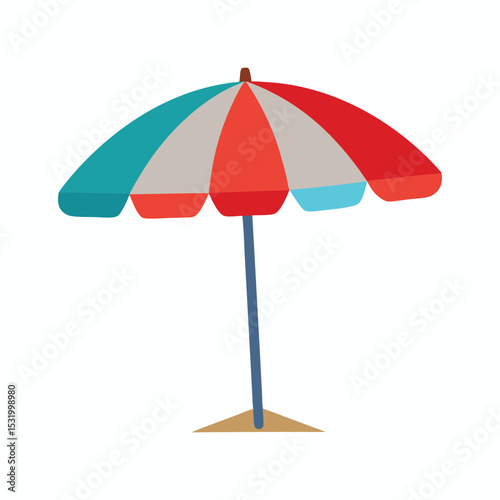 Beach umbrella illustration with red blue and grey panels on a sand spot