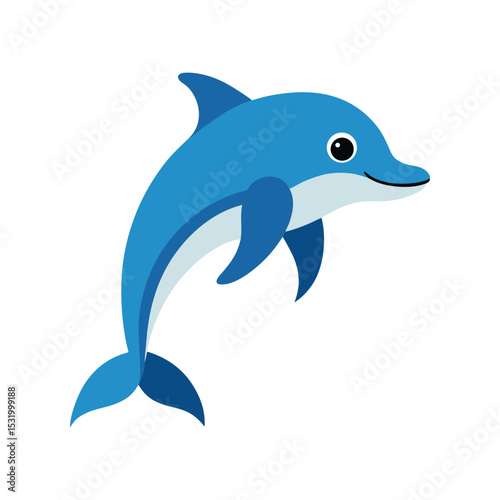Cheerful blue dolphin cartoon illustration on white background for childrens designs