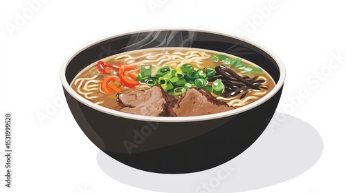Delicious steaming bowl of ramen noodles, a flavorful Japanese soup with tender beef, fresh vegetables, and aromatic broth.