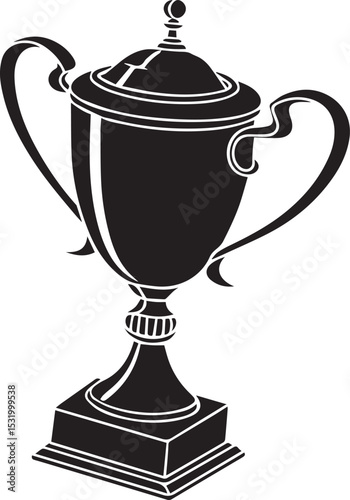 Classic trophy cup in black silhouette, elegant layout with side handles, flat style for stock design output