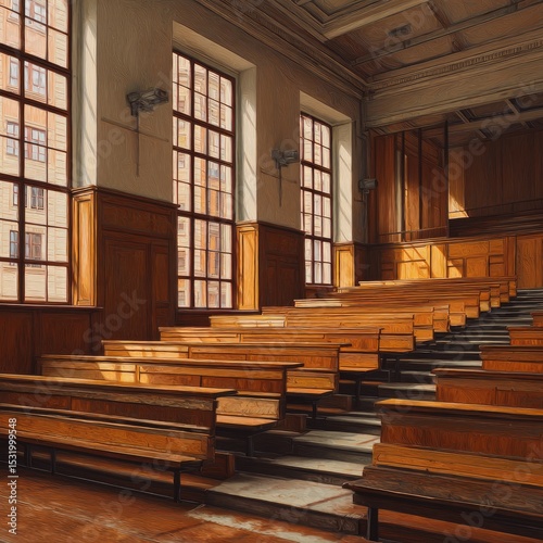 Sunlit lecture hall, rows of wooden benches