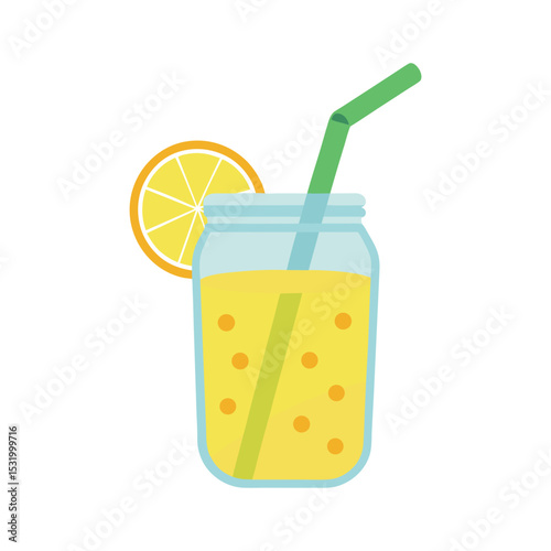 Lemonade in glass jar with straw and orange slice summer illustration