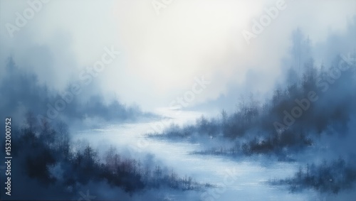 Serene Blue Misty River Landscape Foggy Forest Scene at Dawn