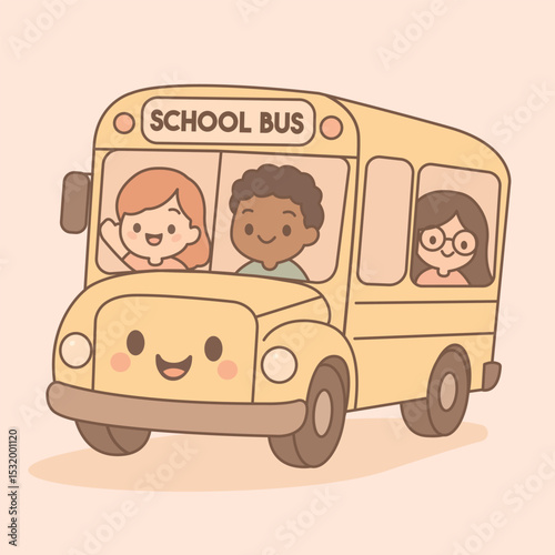 Adorable illustration of a yellow school bus with a smiling face, carrying three happy children. 