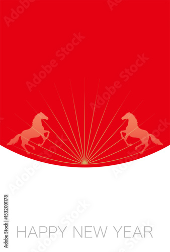 The Year Of The Horse New Year’s Greeting Card Template With The Red Rising Sun And Prancing Horse Silhouettes. Vector Flat Illustration. 