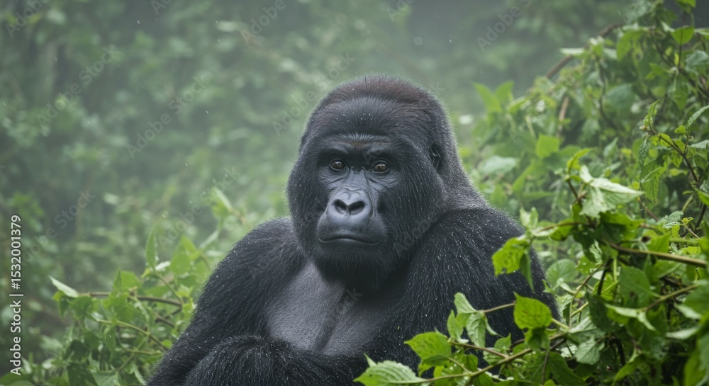 Obraz premium Powerful silverback gorilla standing on a rock in lush green jungle. Majestic wildlife portrait for nature, conservation, and animal themes.