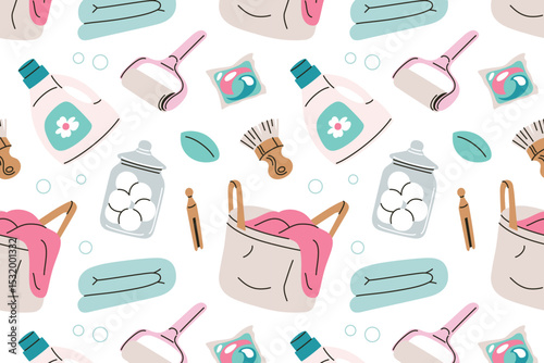 Vector seamless pattern on laundry and clothing care theme. Basket with laundry, detergent gel, capsules, washing balls, brush, lint roller, flat cartoon illustration for household, cleaning, chores