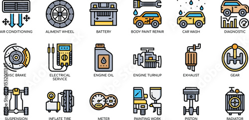 Comprehensive Auto Repair Services Icons for Diagnostics, Maintenance & Repair