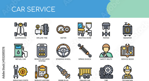 Comprehensive Car Service Icons  Alignment, Tires, Engine, Maintenance & Repair Illustrations for Automotive Websites and Applications