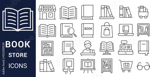 Extensive Collection of Book Store Icons Line Art Graphics for Websites and Apps