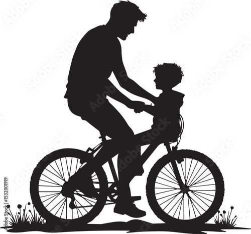 Adobe IllustratoFather teaching child to ride a bike silhouette vector in minimal flat style, emotional bonding moment perfect for Father’s Day concept on clean white backgroundr Artwork