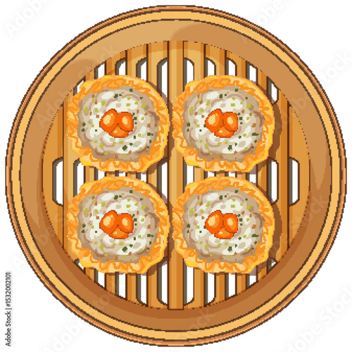 Steamed Dim Sum in Bamboo Basket Illustration