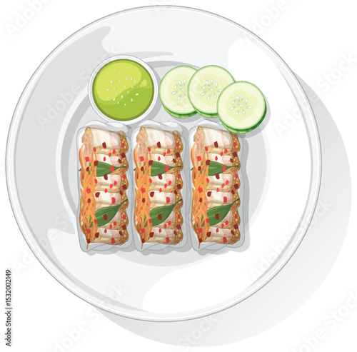 Vector Illustration of Asian Spring Rolls on Plate