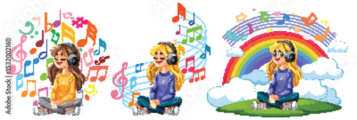 Girls Enjoying Music with Colorful Backgrounds