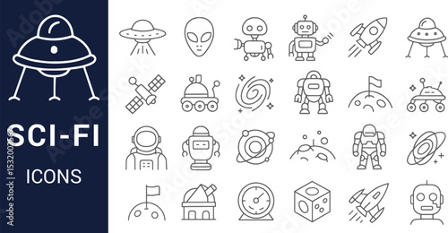 Sci-Fi Icon Set Space, Aliens, Robots, and More - Vector Illustrations