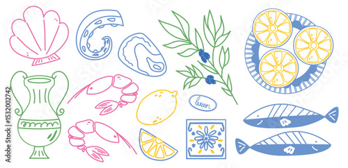 Mediterranean food and elements sketches. Hand drawn greek and italian illustrations.  Mediterranean seafood, olive oil, lemon.