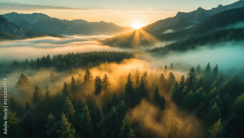Fototapeta premium Golden sunrise illuminates a misty forest landscape with mountains in the background.