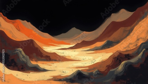 Abstract Desert Landscape Painting Warm Tones Rolling Hills and Sandy Valley