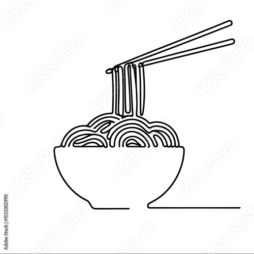 Bowl of noodles with chopsticks in line art symbolizing Asian cuisine