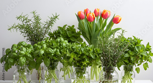 Assorted Fresh Green Herbs and Pink Tulips in Glass Vases on White Background