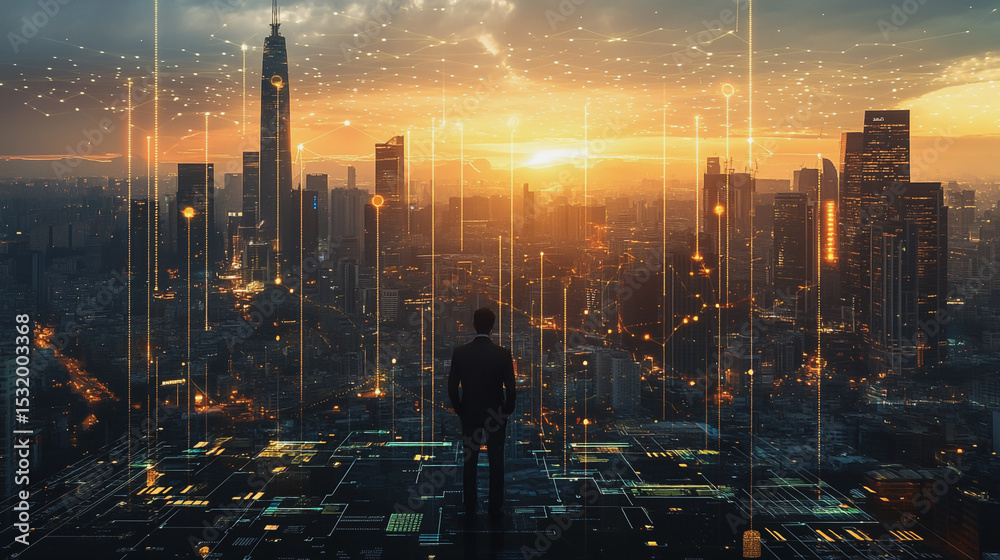 Obraz premium business man stands on the peak of success amid tall, innovative Smart city and graphs with statistics to analyze business potential and predict future developments in company growth., innovative 