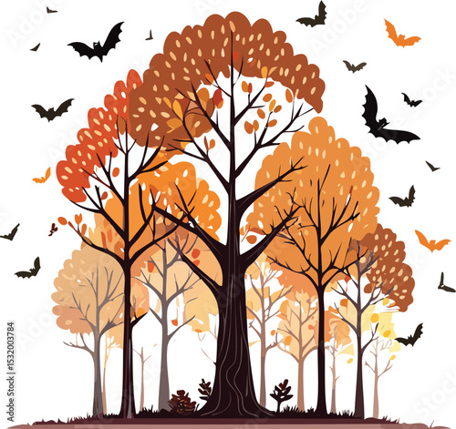 Autumn Forest with Flying Bats Illustration