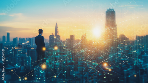 Wallpaper Mural business man stands on the peak of success amid tall innovative Smart city with connection network reciprocity over the cityscape social media networking systems that connects on the peak of succes Torontodigital.ca