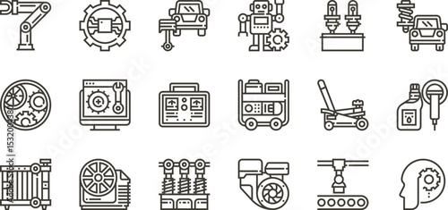 Automotive Mechanic Line Icons Repair, Maintenance, and Engine Parts Vector Illustrations.  Perfect for websites, apps, and design projects.  Includes various tools, equipment, and robotic automation.