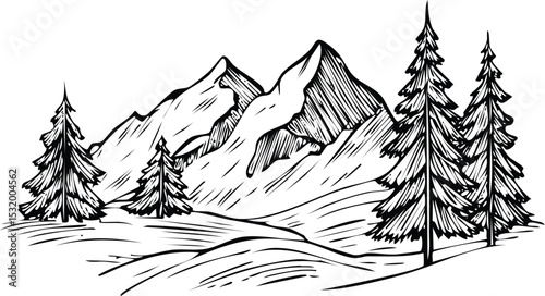 Hand-Drawn Winter Mountain Landscape