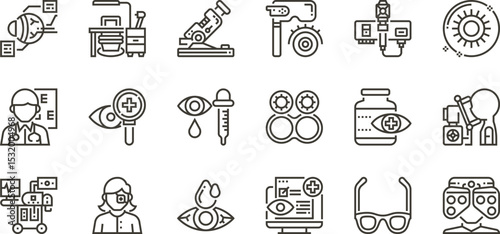 Comprehensive Eye Care Icons Ophthalmology, Optometry, and Vision Correction Illustrations