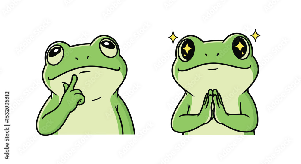 Fototapeta premium Two Cute Green Frogs Depicted In Animated Style Displaying Different Expressions And Postures
